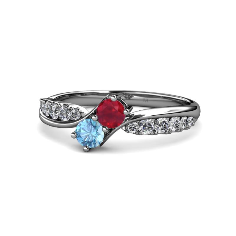 Nicia Ruby and Blue Topaz with Side Diamonds Bypass Ring 