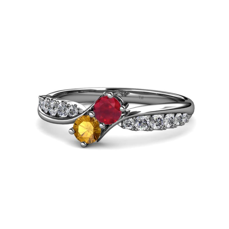 Nicia Ruby and Citrine with Side Diamonds Bypass Ring 