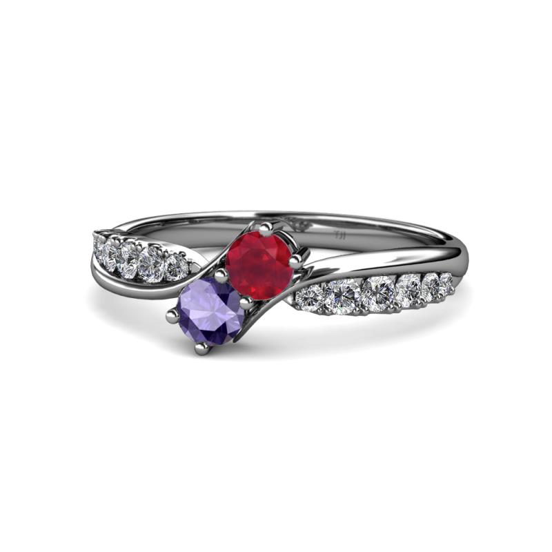 Nicia Ruby and Iolite with Side Diamonds Bypass Ring 