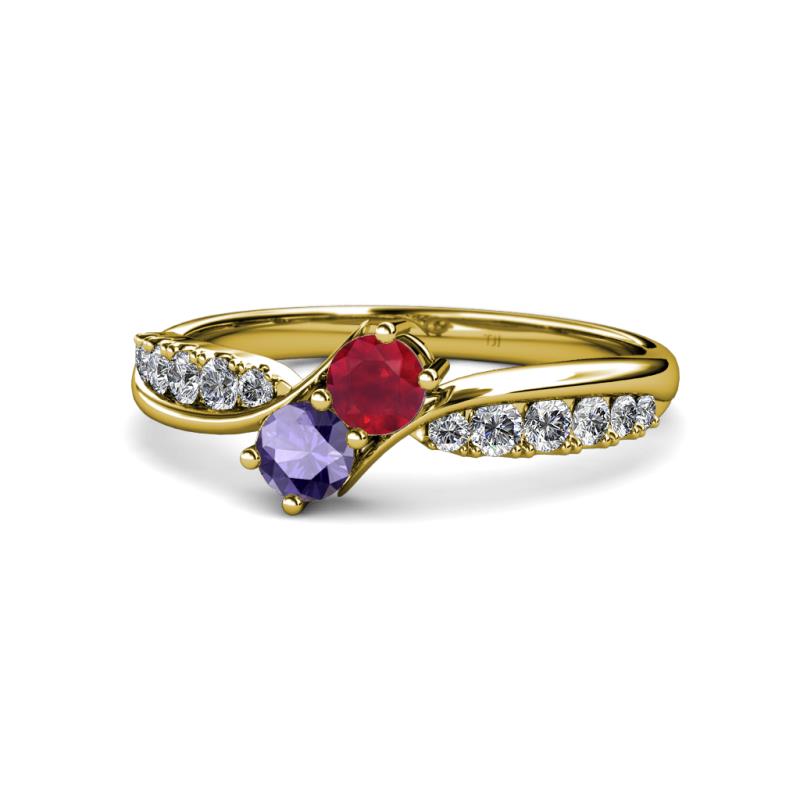 Nicia Ruby and Iolite with Side Diamonds Bypass Ring 