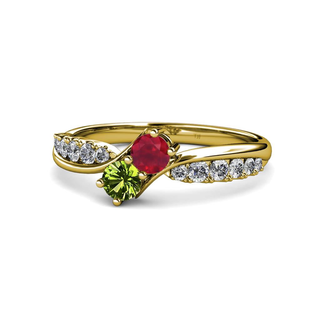 Nicia Ruby and Peridot with Side Diamonds Bypass Ring 