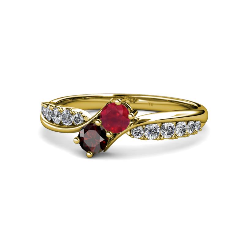 Nicia Ruby and Red Garnet with Side Diamonds Bypass Ring 