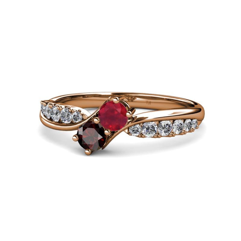 Nicia Ruby and Red Garnet with Side Diamonds Bypass Ring 