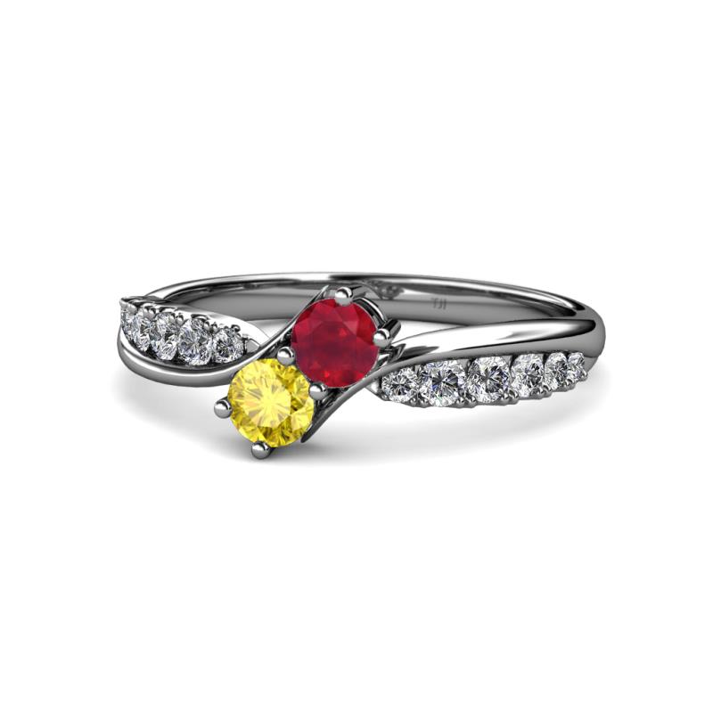 Nicia Ruby and Yellow Sapphire with Side Diamonds Bypass Ring 