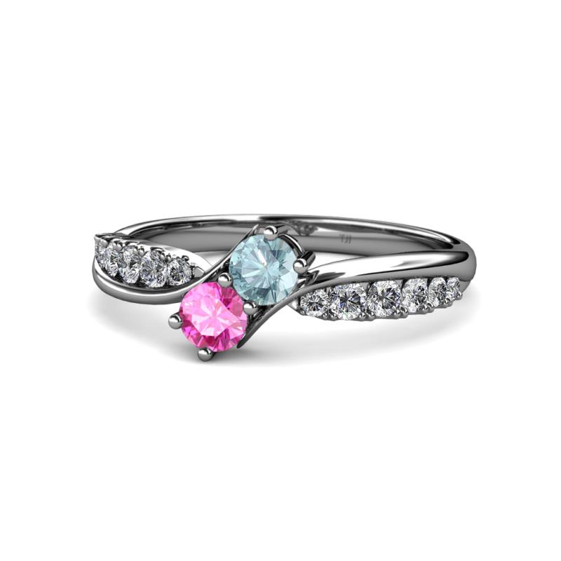 Nicia Aquamarine and Pink Sapphire with Side Diamonds Bypass Ring 