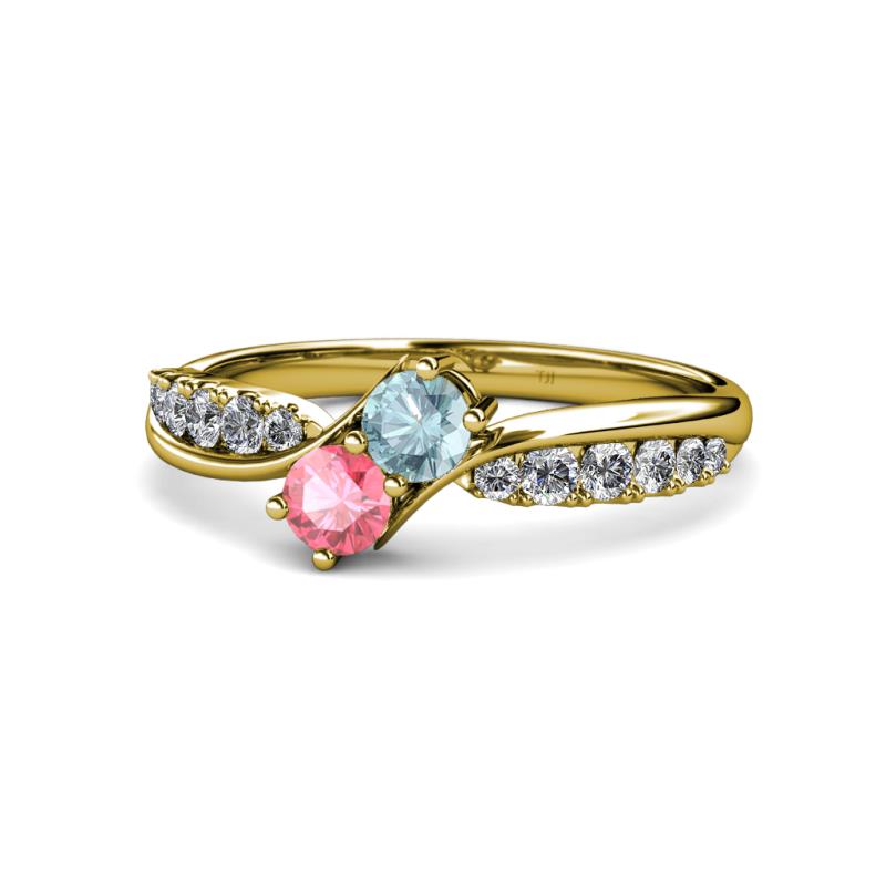 Nicia Aquamarine and Pink Tourmaline with Side Diamonds Bypass Ring 