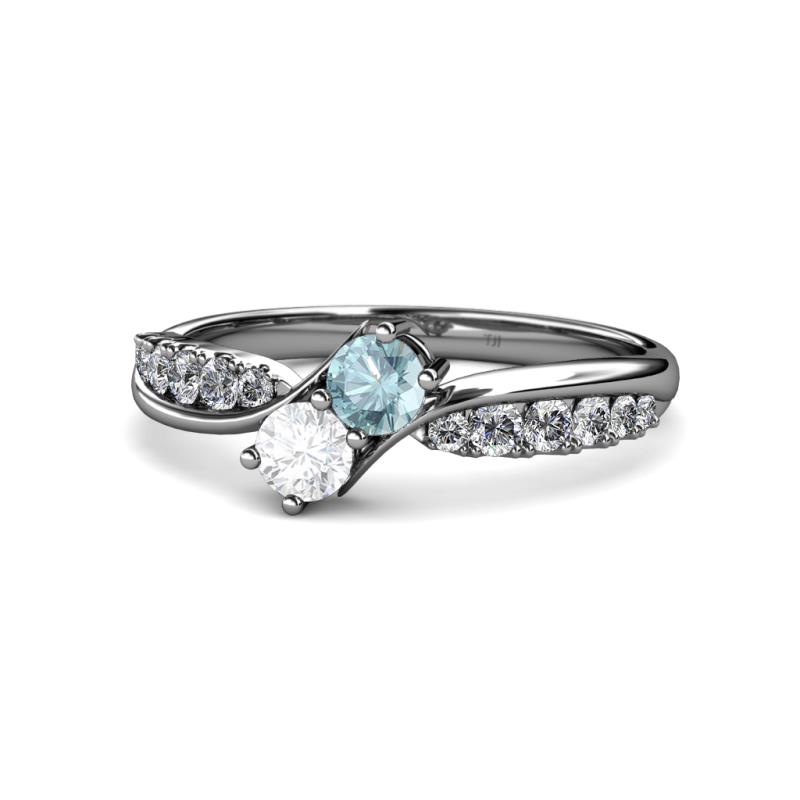 Nicia Aquamarine and White Sapphire with Side Diamonds Bypass Ring 