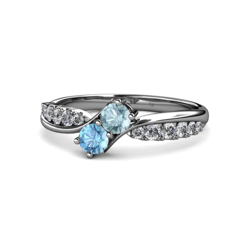 Nicia Aquamarine and Blue Topaz with Side Diamonds Bypass Ring 