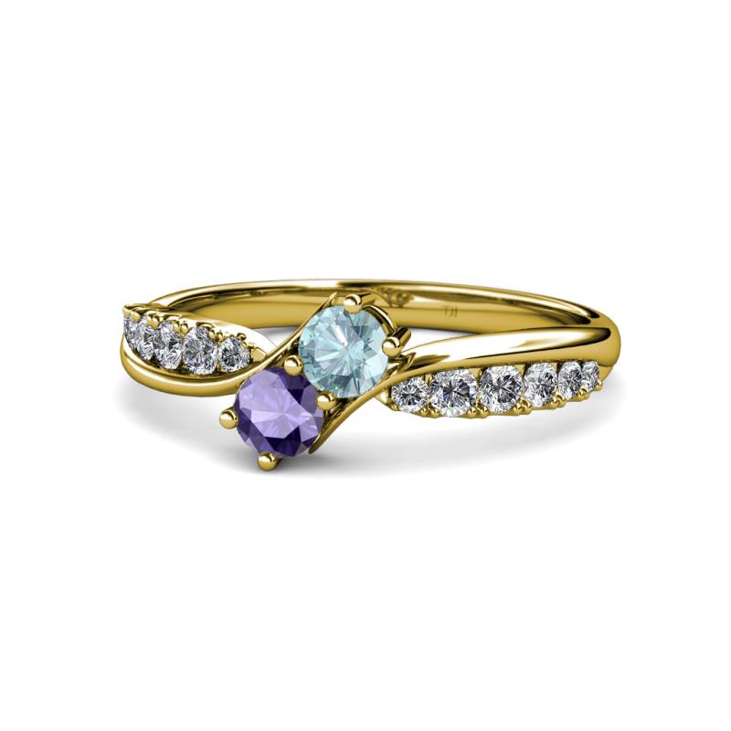 Nicia Aquamarine and Iolite with Side Diamonds Bypass Ring 