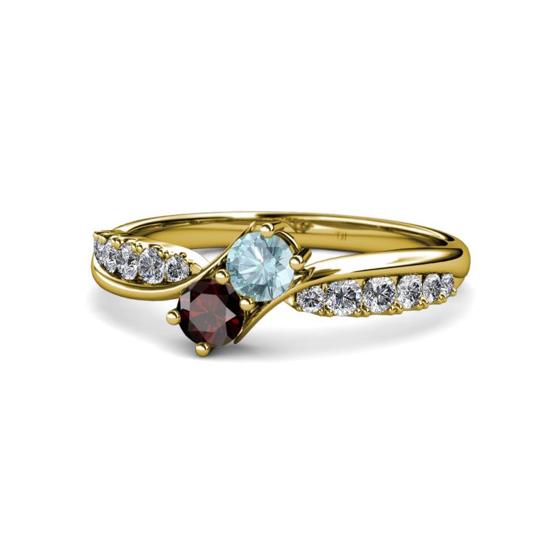 Nicia Aquamarine and Red Garnet with Side Diamonds Bypass Ring 