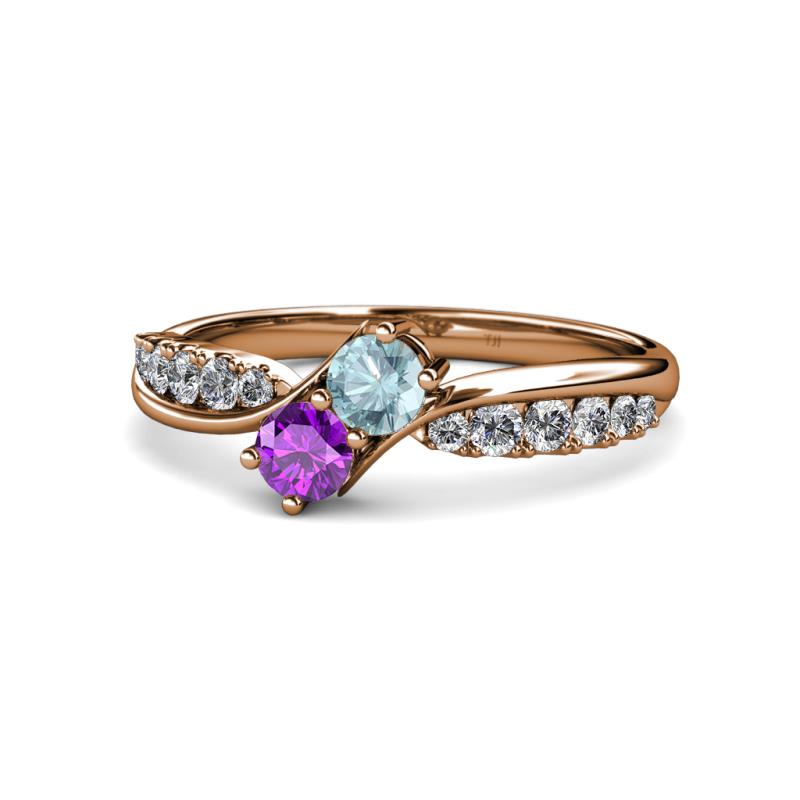Nicia Aquamarine and Amethyst with Side Diamonds Bypass Ring 