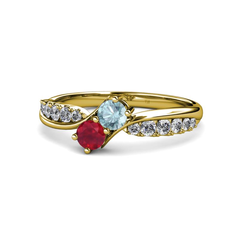 Nicia Aquamarine and Ruby with Side Diamonds Bypass Ring 