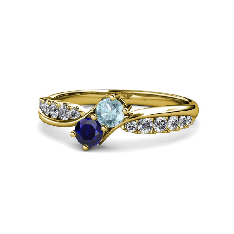 Nicia Aquamarine and Blue Sapphire with Side Diamonds Bypass Ring 