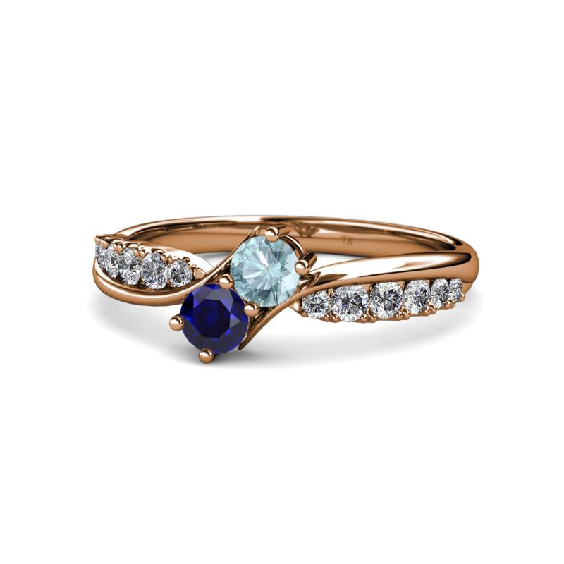Nicia Aquamarine and Blue Sapphire with Side Diamonds Bypass Ring 