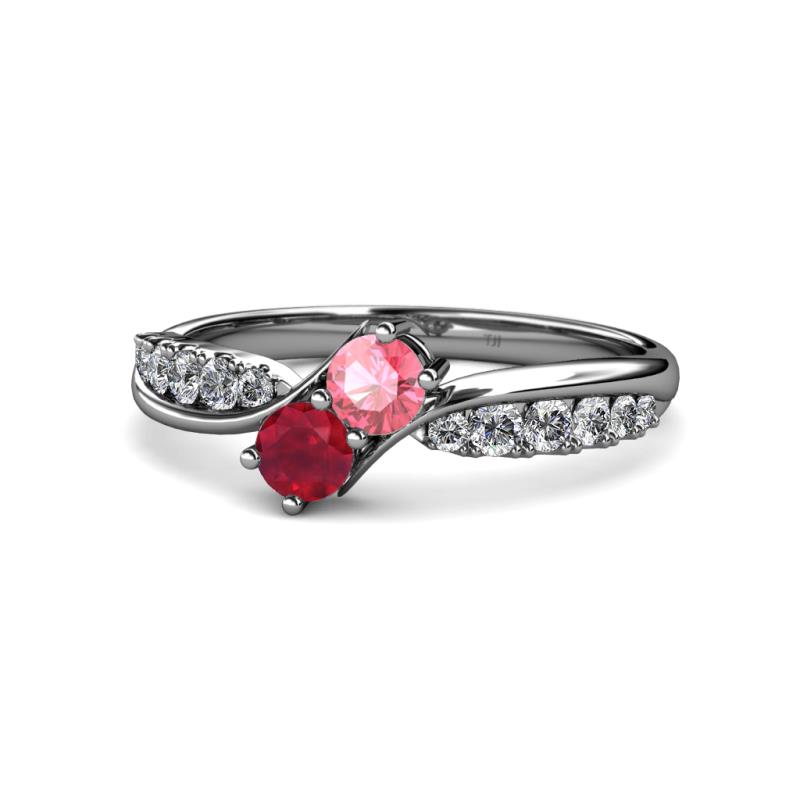 Nicia Pink Tourmaline and Ruby with Side Diamonds Bypass Ring 
