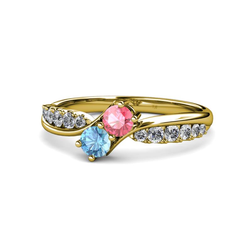 Nicia Pink Tourmaline and Blue Topaz with Side Diamonds Bypass Ring 