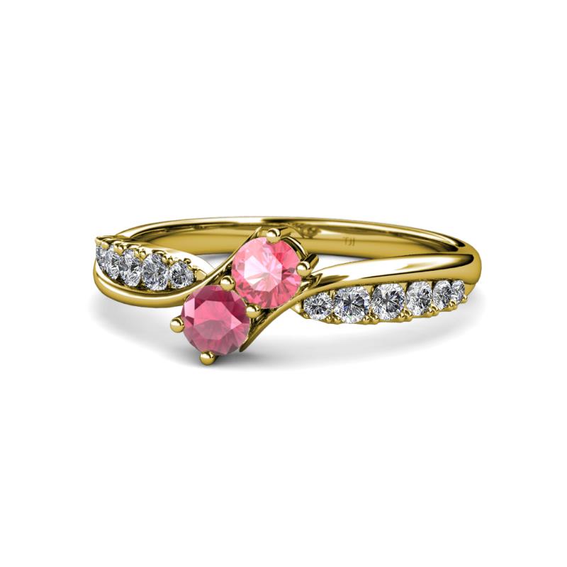 Nicia Pink Tourmaline and Rhodolite Garnet with Side Diamonds Bypass Ring 