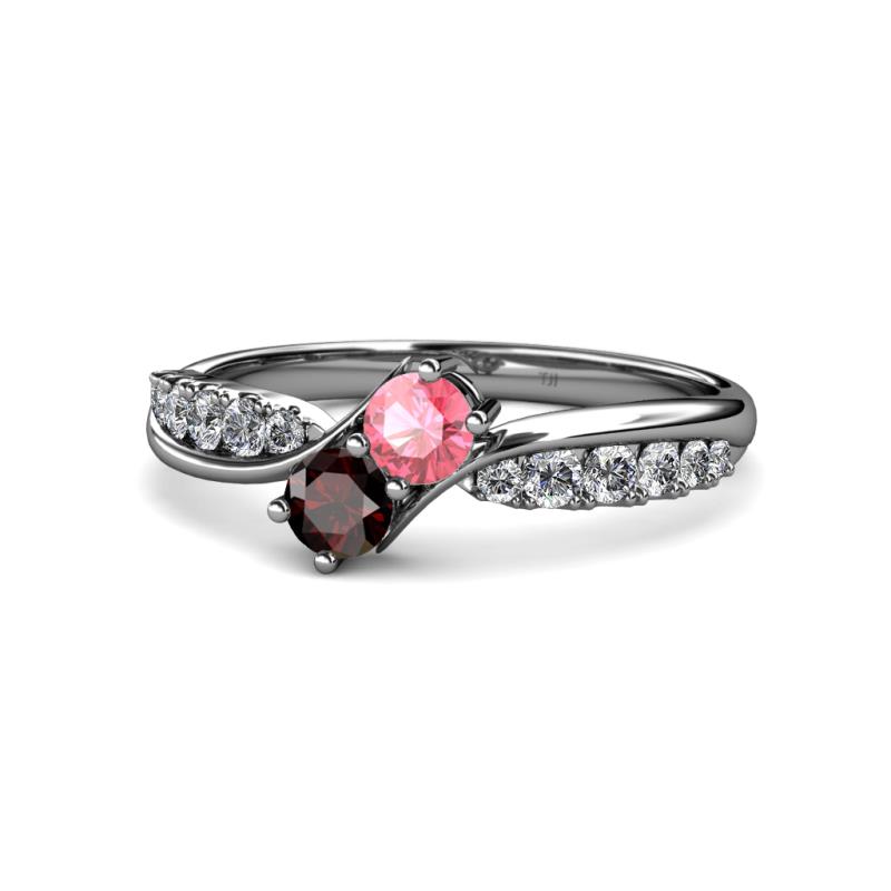 Nicia Pink Tourmaline and Red Garnet with Side Diamonds Bypass Ring 