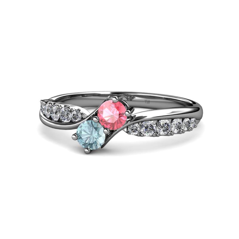 Nicia Pink Tourmaline and Aquamarine with Side Diamonds Bypass Ring 