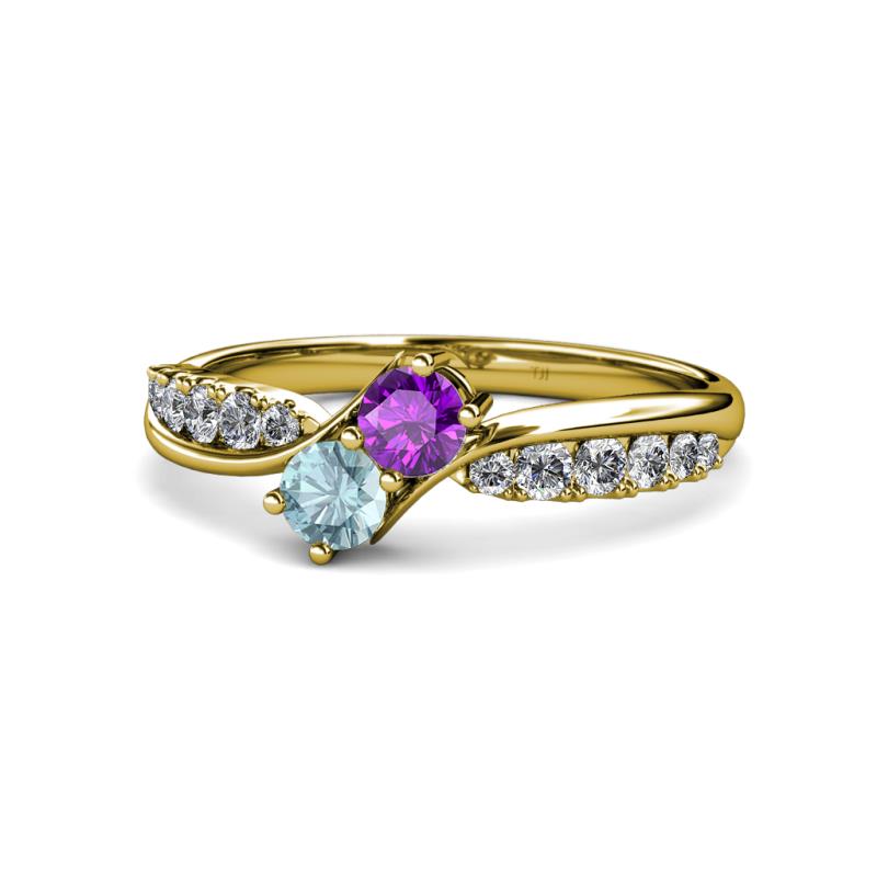 Nicia Amethyst and Aquamarine with Side Diamonds Bypass Ring 