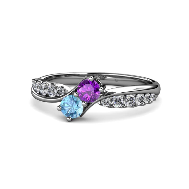 Nicia Amethyst and Blue Topaz with Side Diamonds Bypass Ring 