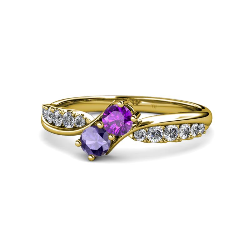 Nicia Amethyst and Iolite with Side Diamonds Bypass Ring 