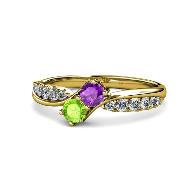 Nicia Amethyst and Peridot with Side Diamonds Bypass Ring 