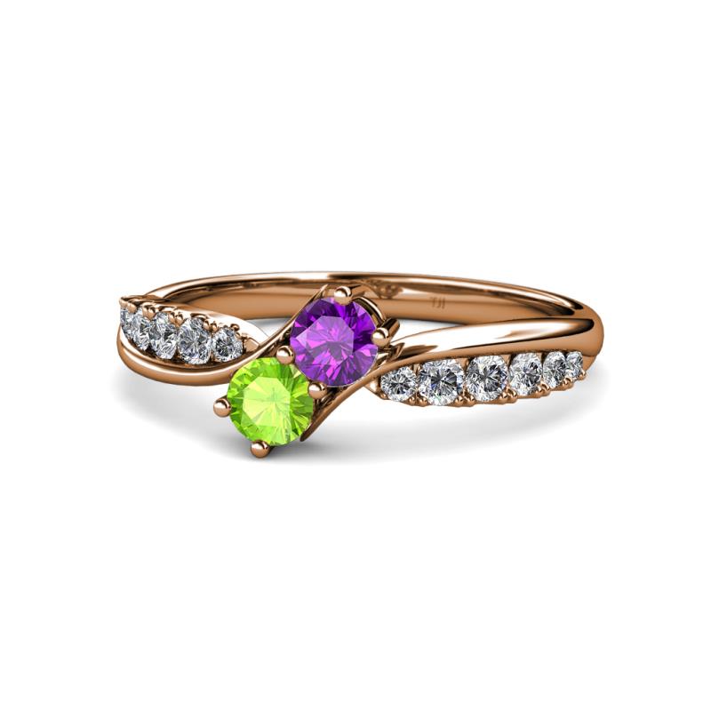 Nicia Amethyst and Peridot with Side Diamonds Bypass Ring 