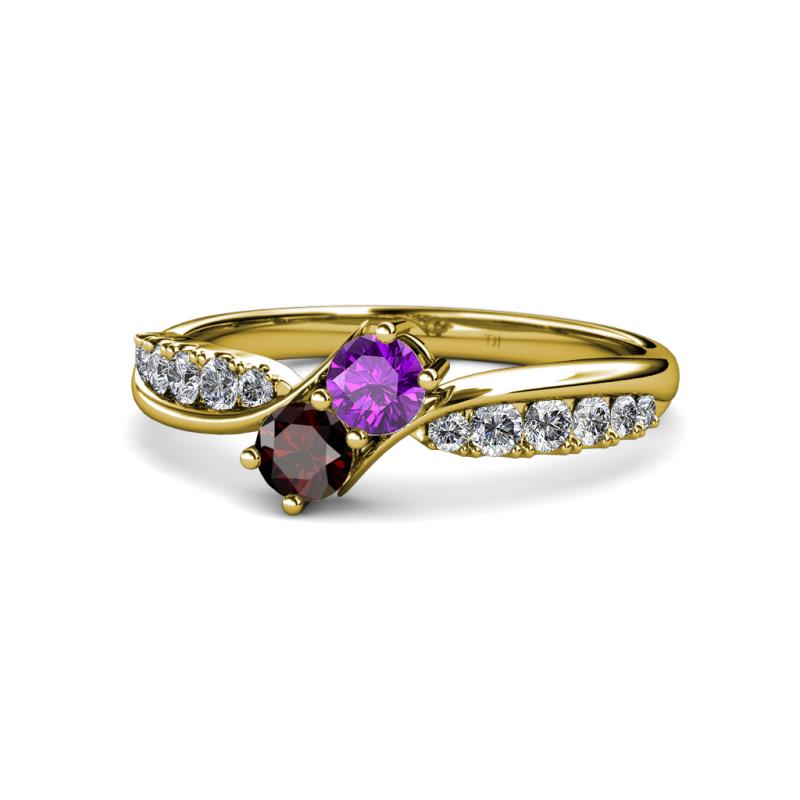 Nicia Amethyst and Red Garnet with Side Diamonds Bypass Ring 