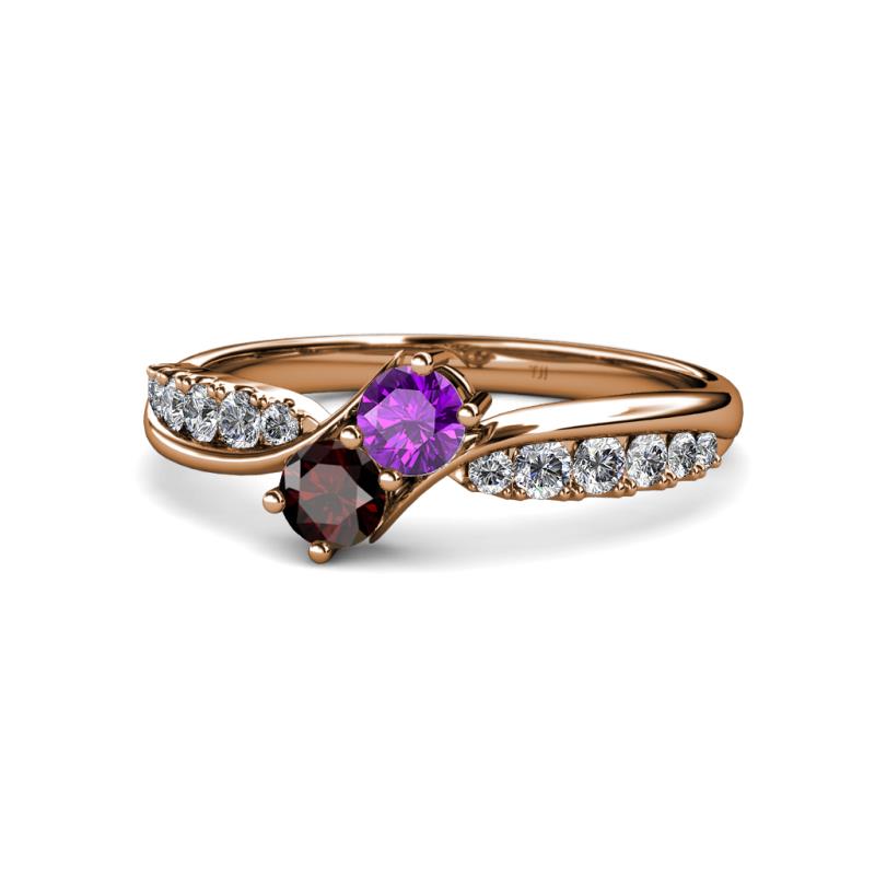Nicia Amethyst and Red Garnet with Side Diamonds Bypass Ring 