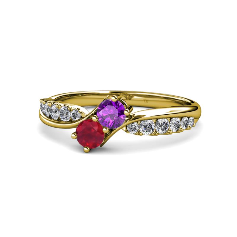 Nicia Amethyst and Ruby with Side Diamonds Bypass Ring 