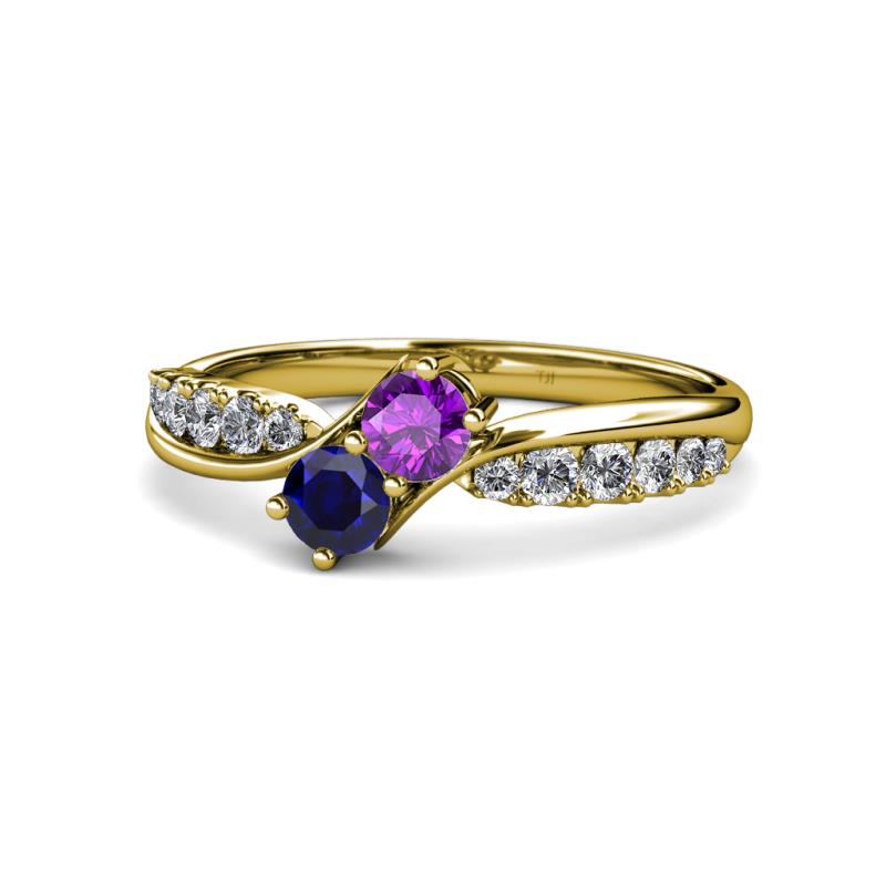 Nicia Amethyst and Blue Sapphire with Side Diamonds Bypass Ring 