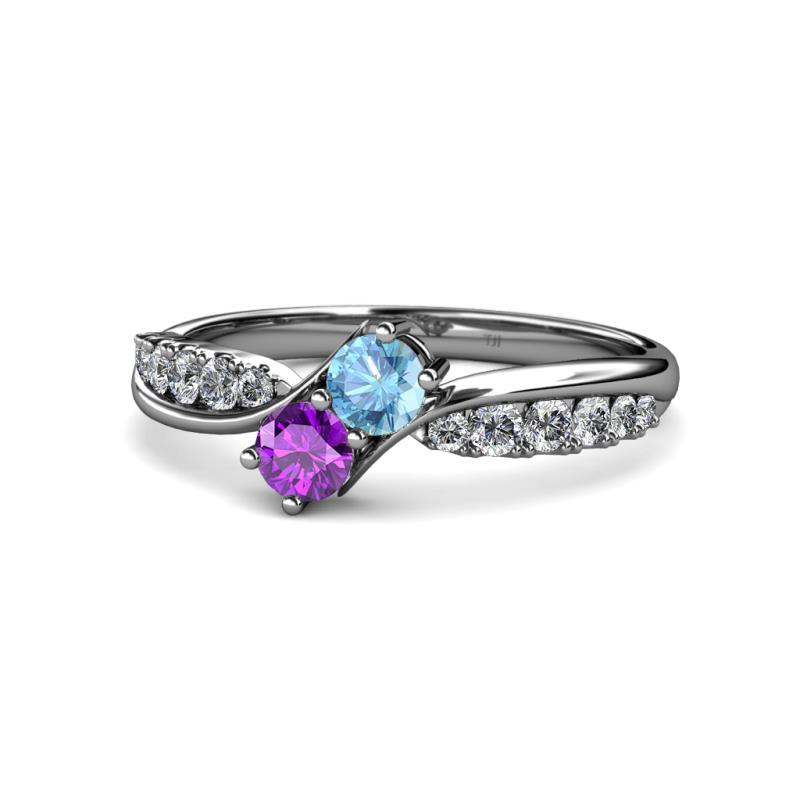 Nicia Blue Topaz and Amethyst with Side Diamonds Bypass Ring 