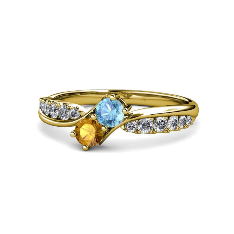Nicia Blue Topaz and Citrine with Side Diamonds Bypass Ring 