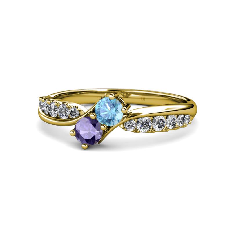 Nicia Blue Topaz and Iolite with Side Diamonds Bypass Ring 