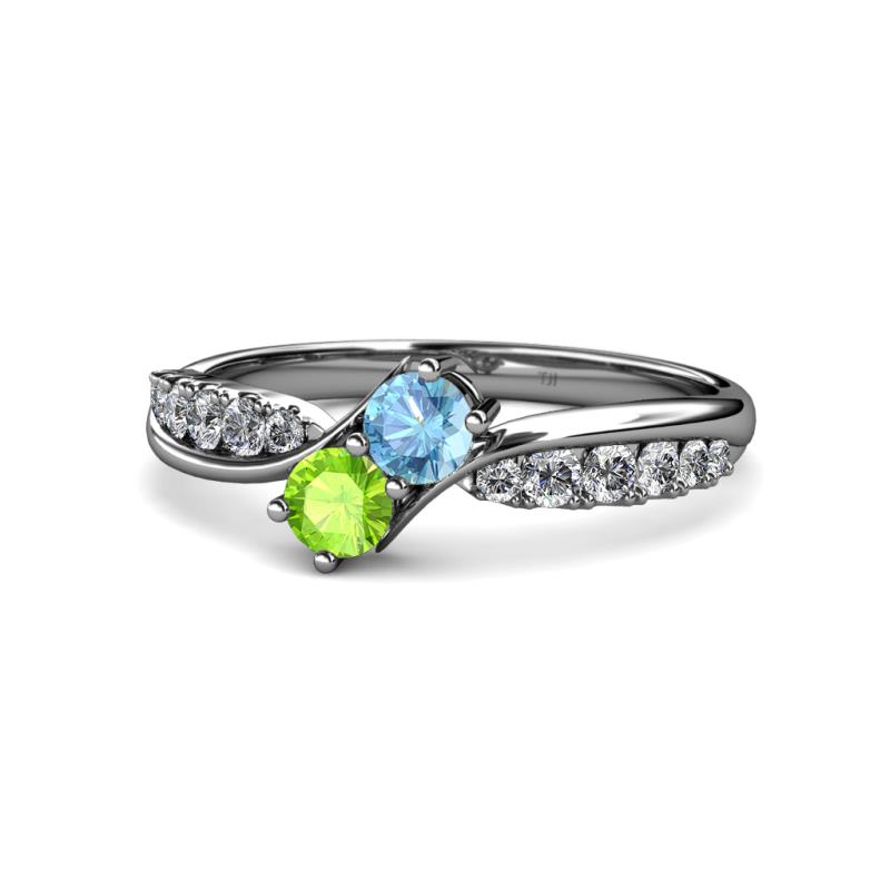 Nicia Blue Topaz and Peridot with Side Diamonds Bypass Ring 