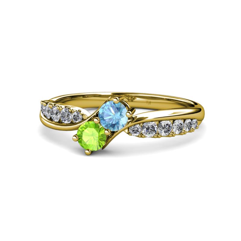 Nicia Blue Topaz and Peridot with Side Diamonds Bypass Ring 