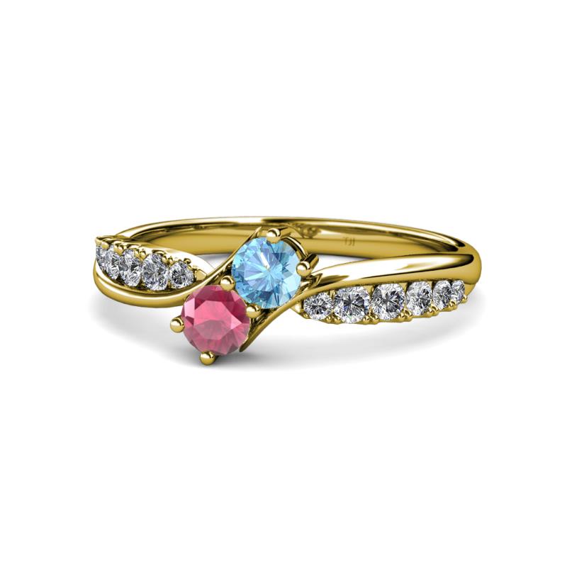 Nicia Blue Topaz and Rhodolite Garnet with Side Diamonds Bypass Ring 