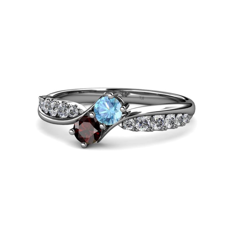 Nicia Blue Topaz and Red Garnet with Side Diamonds Bypass Ring 