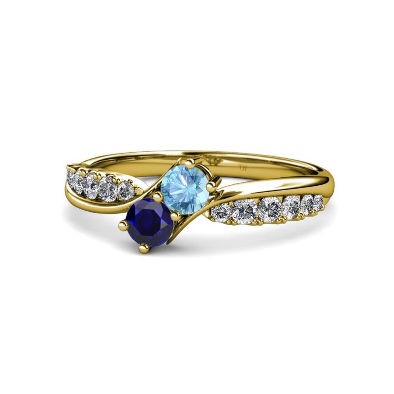 Nicia Blue Topaz and Blue Sapphire with Side Diamonds Bypass Ring 