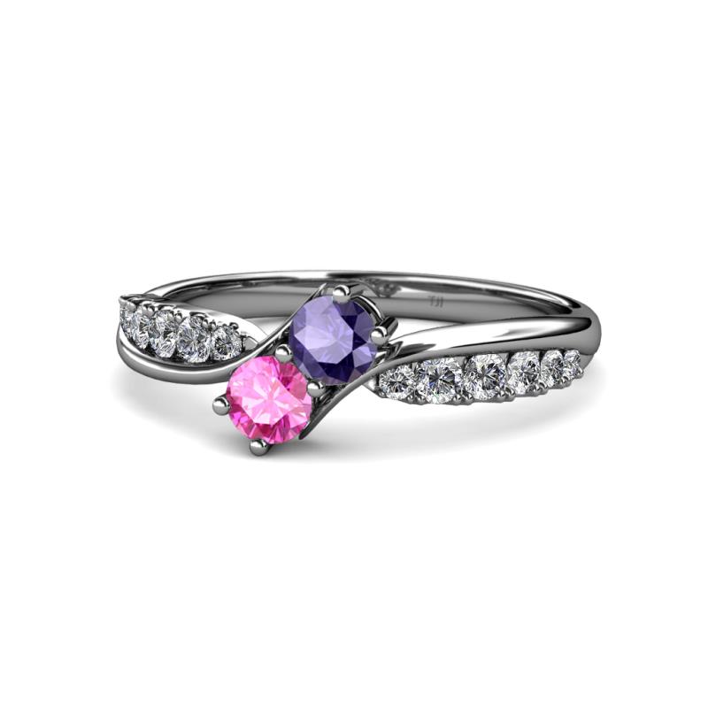 Nicia Iolite and Pink Sapphire with Side Diamonds Bypass Ring 