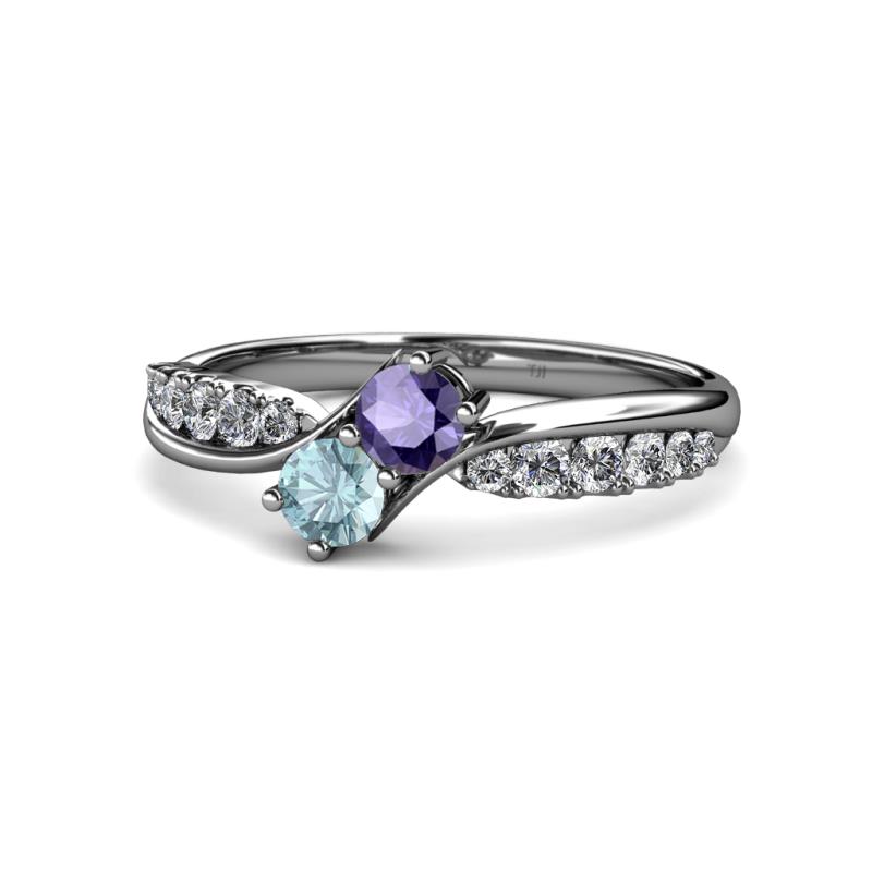 Nicia Iolite and Aquamarine with Side Diamonds Bypass Ring 