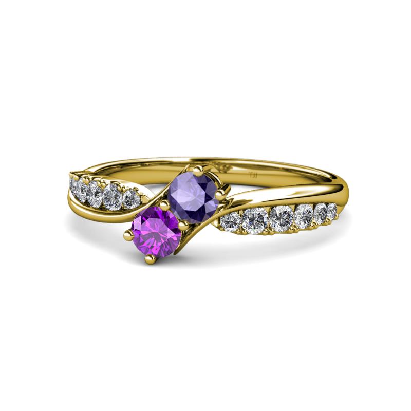 Nicia Iolite and Amethyst with Side Diamonds Bypass Ring 