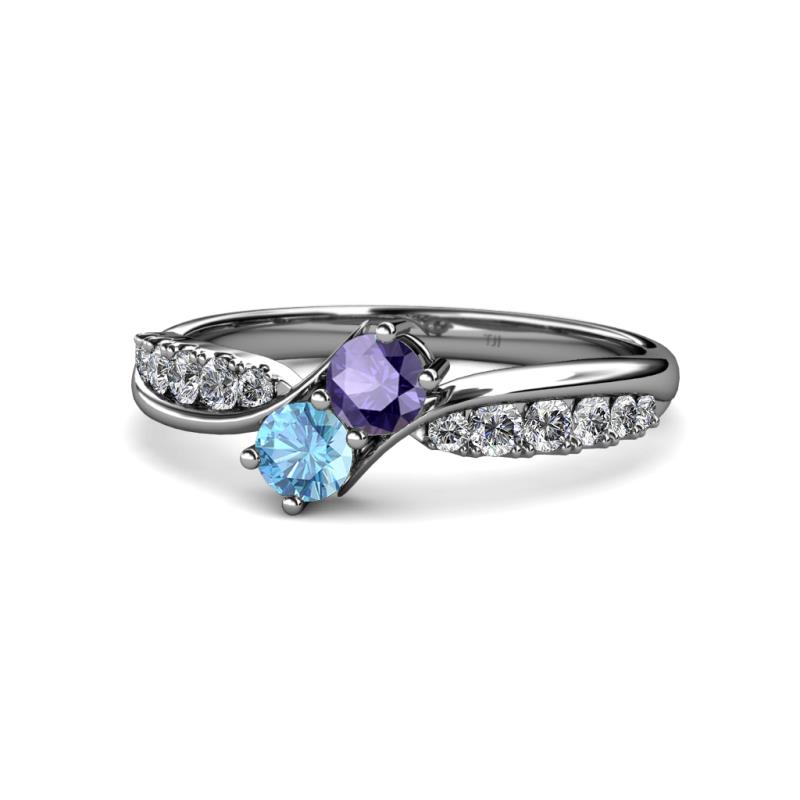Nicia Iolite and Blue Topaz with Side Diamonds Bypass Ring 