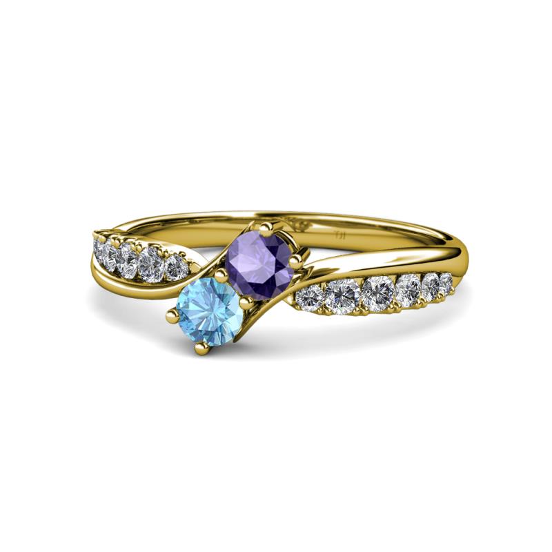 Nicia Iolite and Blue Topaz with Side Diamonds Bypass Ring 