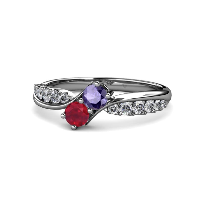 Nicia Iolite and Ruby with Side Diamonds Bypass Ring 