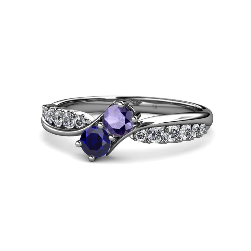 Nicia Iolite and Blue Sapphire with Side Diamonds Bypass Ring 