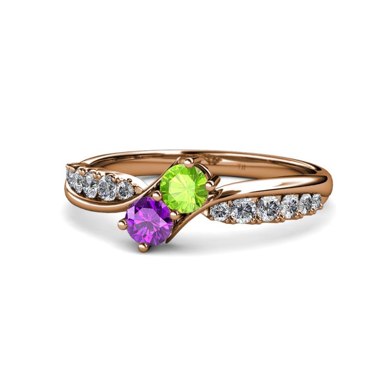 Nicia Peridot and Amethyst with Side Diamonds Bypass Ring 