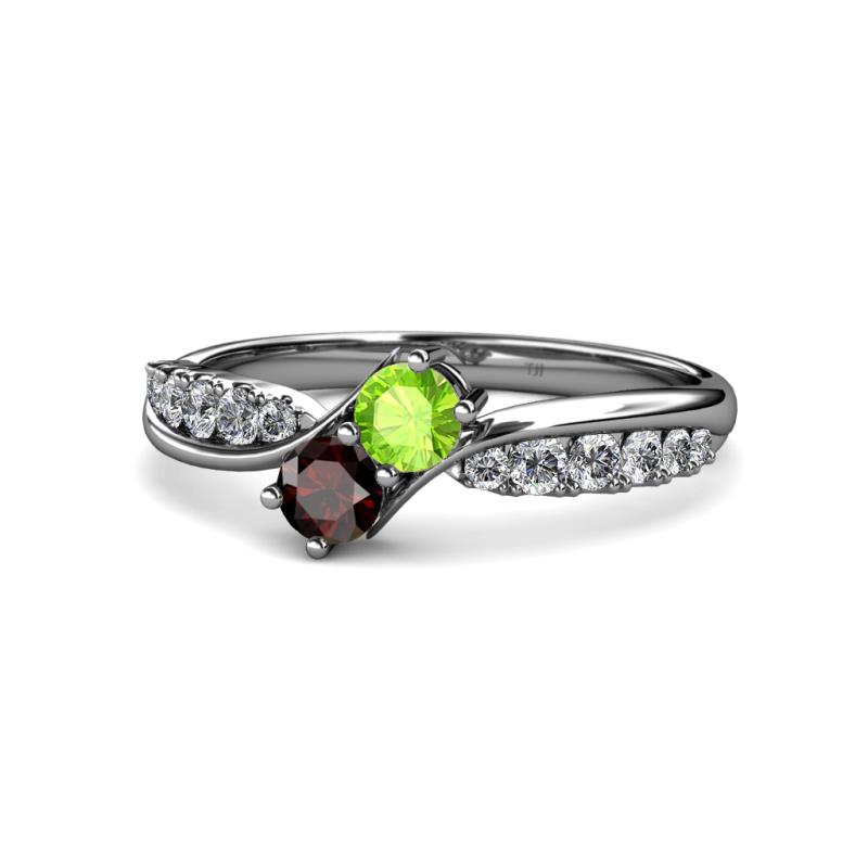 Nicia Peridot and Red Garnet with Side Diamonds Bypass Ring 