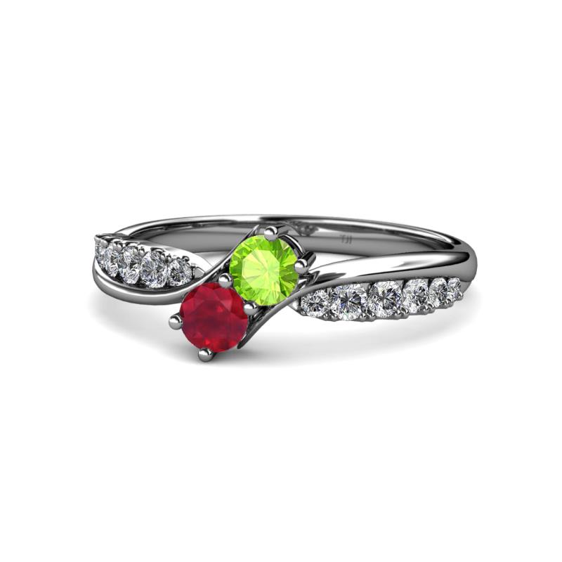 Nicia Peridot and Ruby with Side Diamonds Bypass Ring 